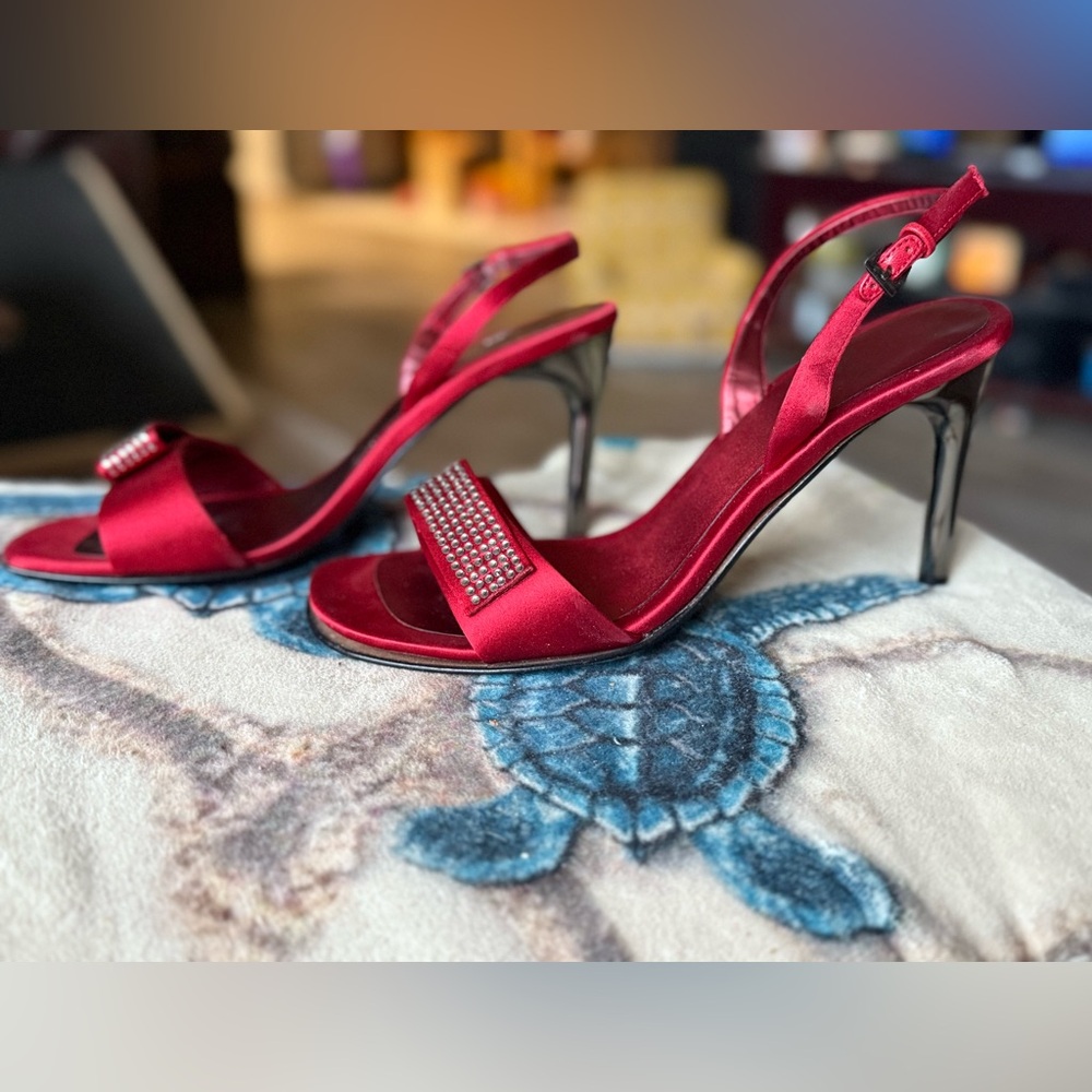 Elegant Paolo Red Satin Heels with Rhinestone Detail